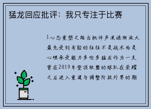 猛龙回应批评：我只专注于比赛